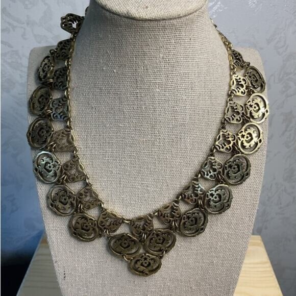 Antique Brass Tone Bib Statement Necklace With Floral Design & Lobster Clasp - Picture 1 of 4